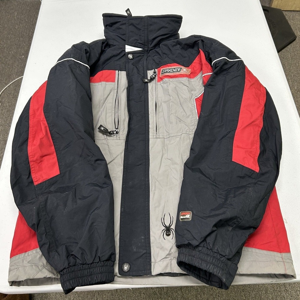 Spyder Ski Jacket Mens S Black Red Grey Colorblock Fleece Lined Hooded Coat